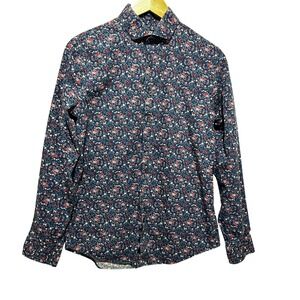 Express Men Shirt S Navy‎ Micro Floral Button Front Slim Fit Indie Retro Print